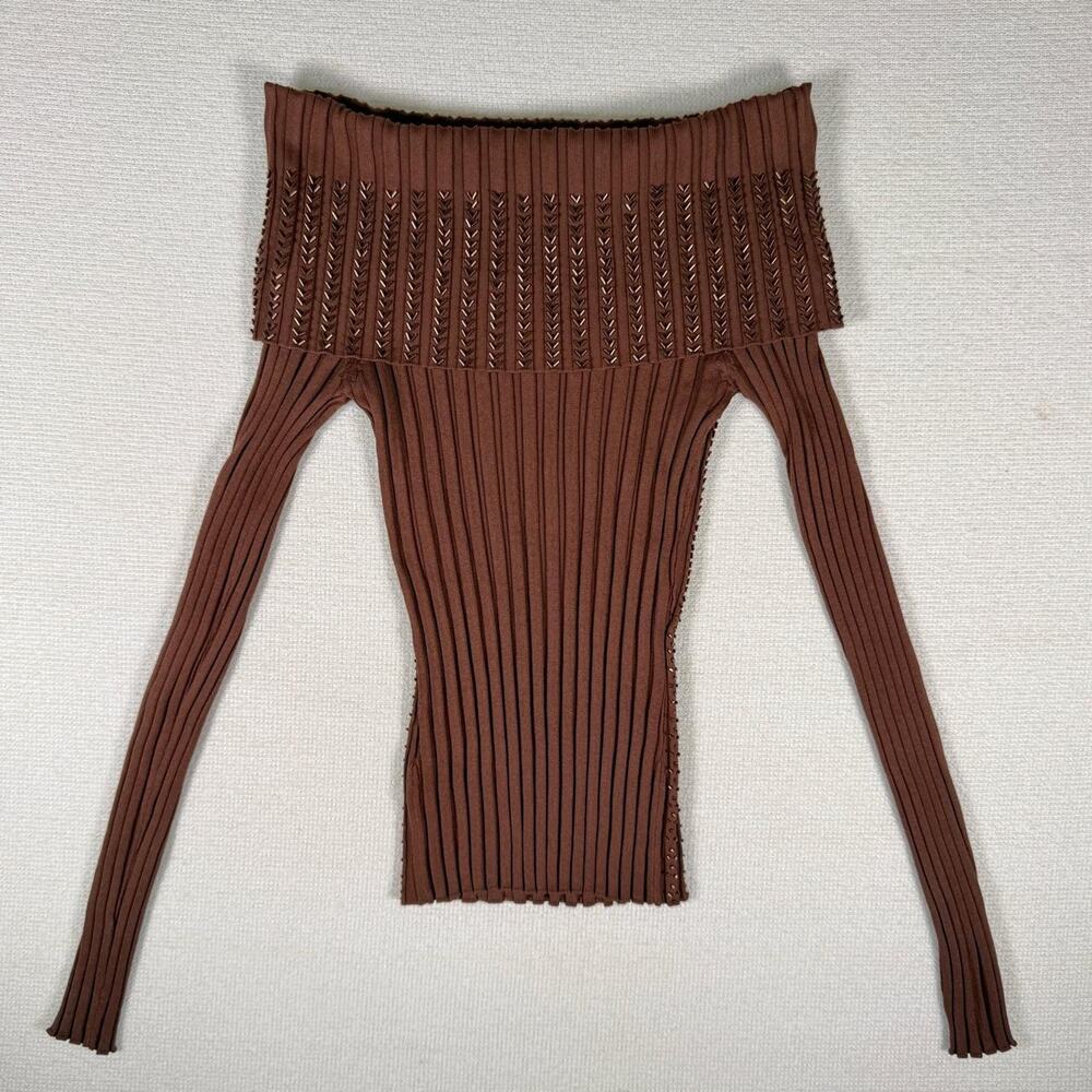 Cache Off Shoulder Ribbed Knit Top Brown Studded Stretch XS Y2K Metallic Trim EU - Picture 4 of 8